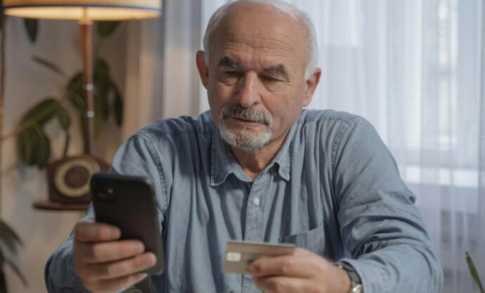 Un anziano con telefono e carta di credito